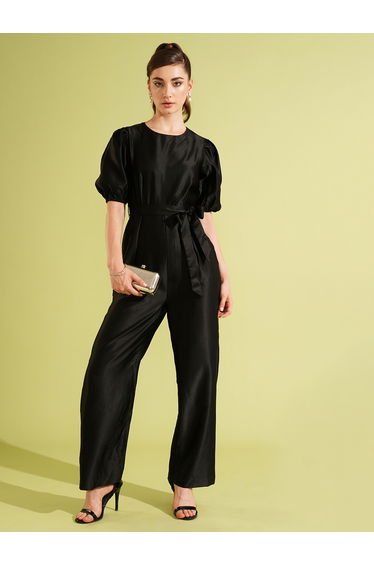 Solid Satin Round Neck Puff Sleeve Waist Tie-Up Jumpsuit