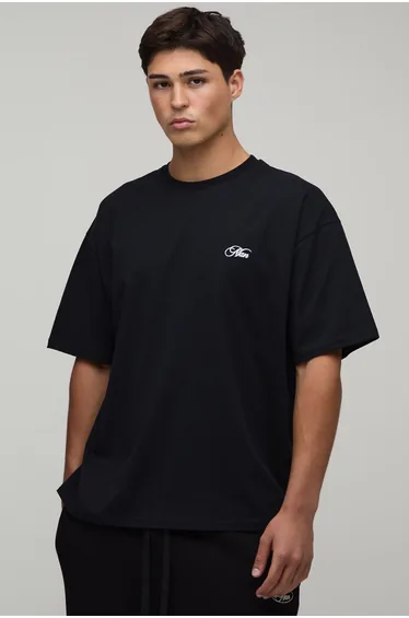 Oversized Man Script Embroidered T-Shirt - black