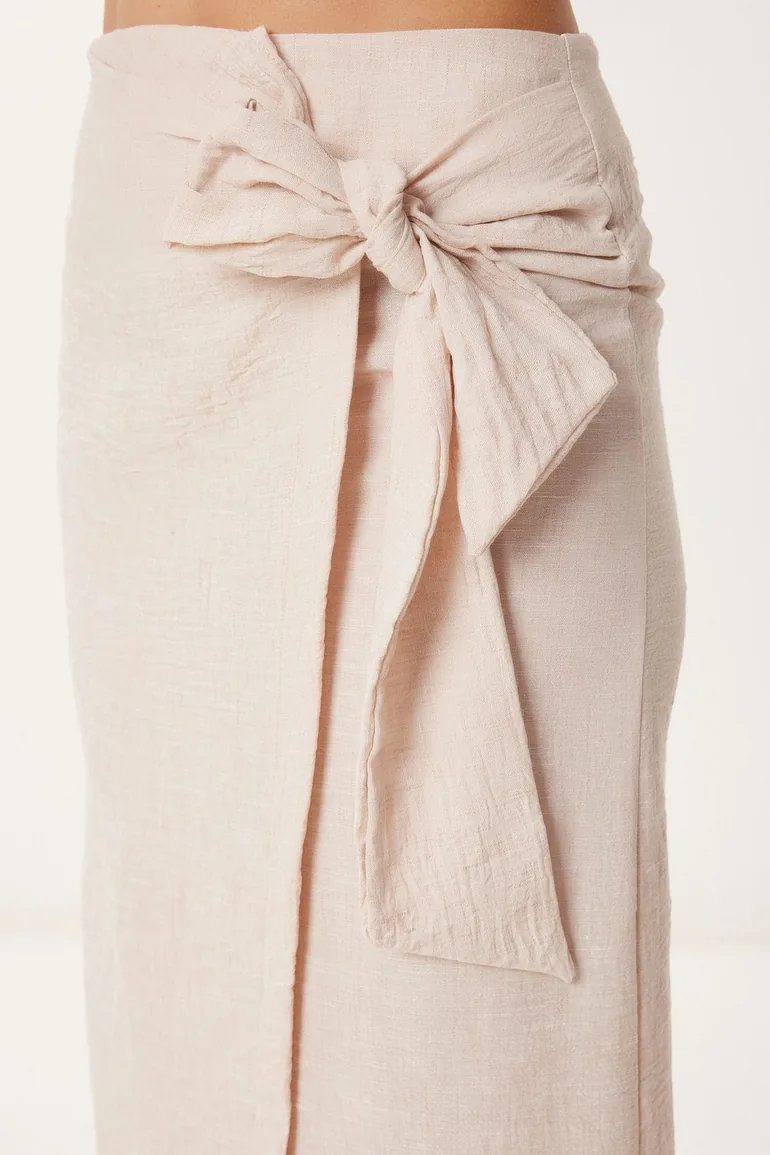 Women's Cream Linen Shirt Skirt Set - 3