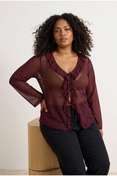 Burgundy Floral Patterned Tie-Up Tulle Knitted Plus Size Blouse