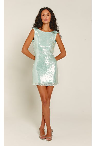 Mint Sequin Cowl Back Mini Dress