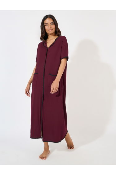 Rib Contrast Edge Button Closure Nightshirt Dress