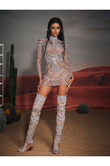 Ruben Long Sleeve Embellished Mesh Mini Dress