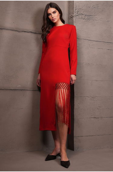 Women's Red Crew Neck Zippered Belted Maxi Dress
