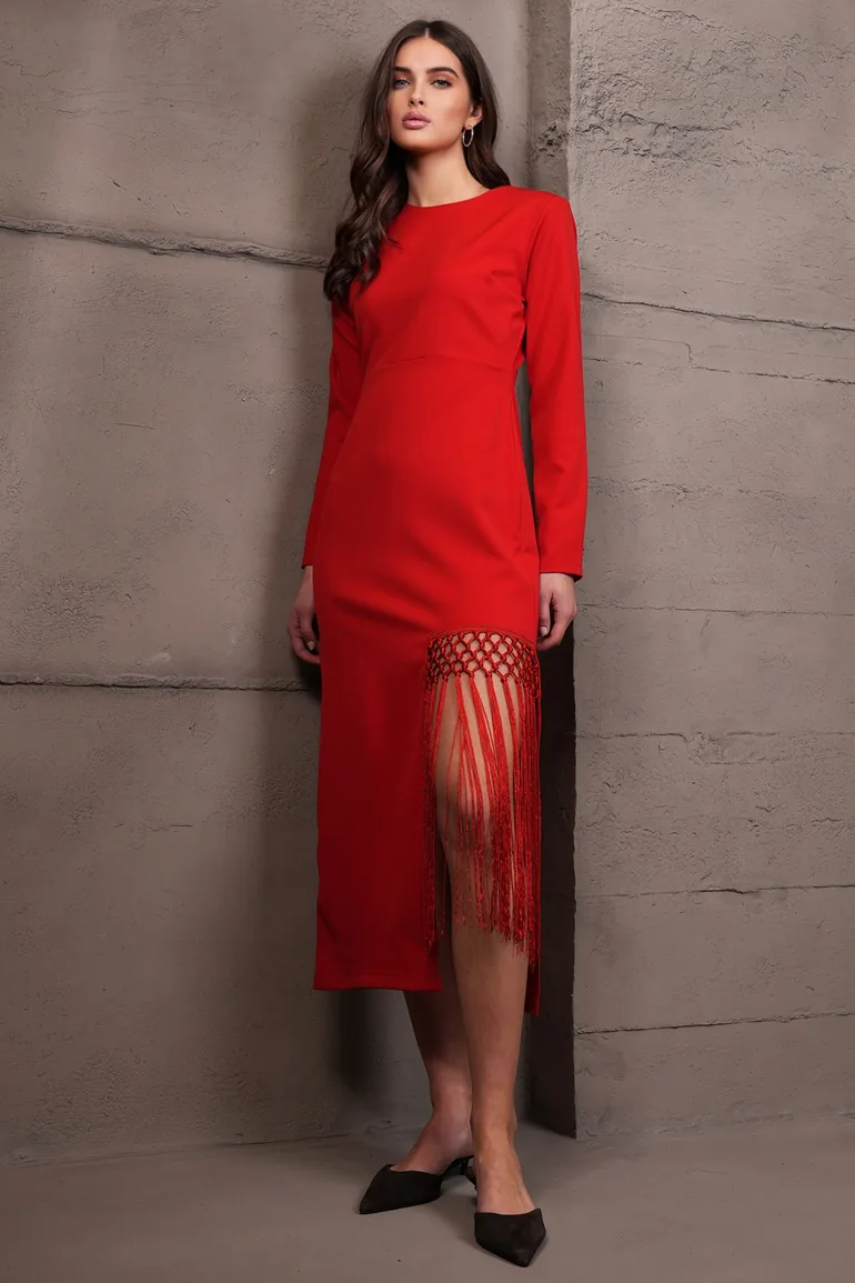 Women's Red Crew Neck Zippered Belted Maxi Dress - 1