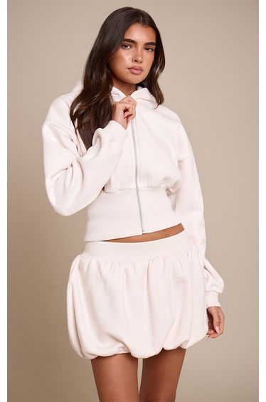 Cream Fleece Back Sweat Cinched Zip Up Jacket