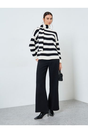 Striped Relaxed Fit Sweater with Neck Scarf