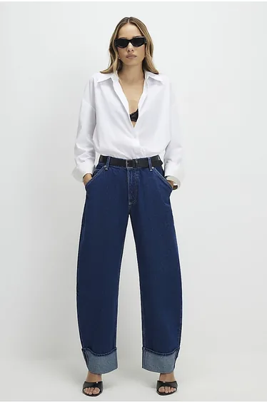 Blue Turn Up Cuff Barrel Leg Jeans