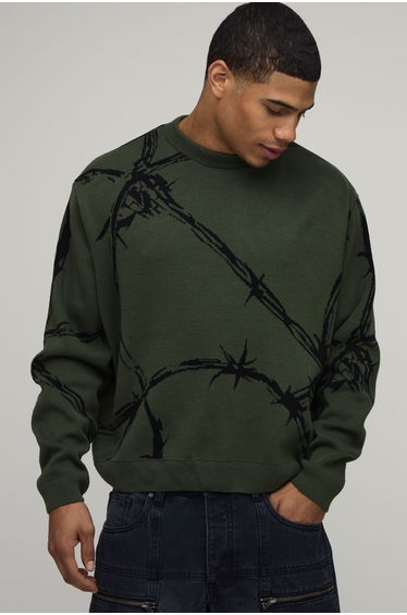 Oversized Boxy Barbed Wire Jacquard Knitted Jumper - khaki