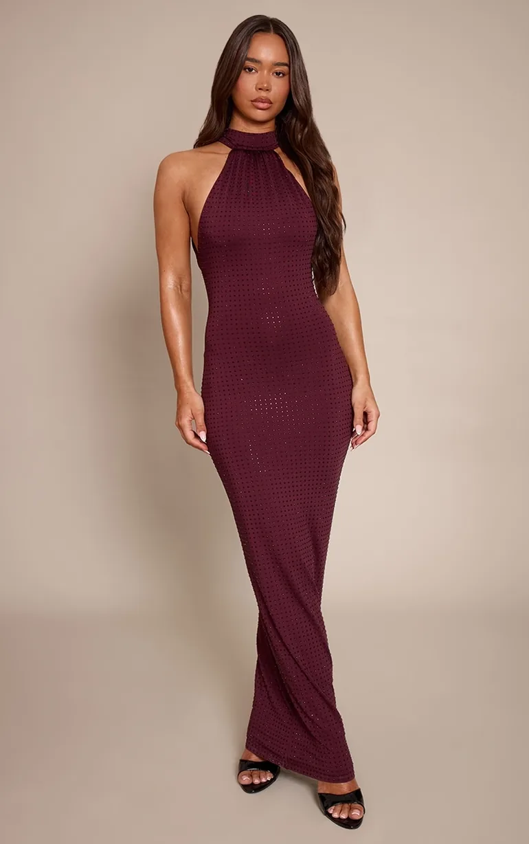 Burgundy Hotfix Halterneck Backless Maxi Dress Prettylittlething Red : Day  Dresses : VogaCloset Oman