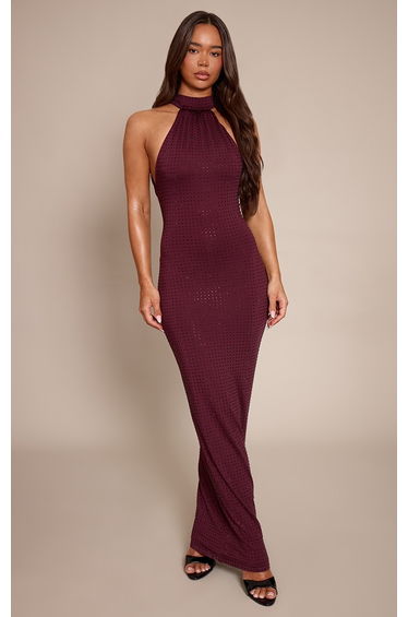 Burgundy Hotfix Halterneck Backless Maxi Dress
