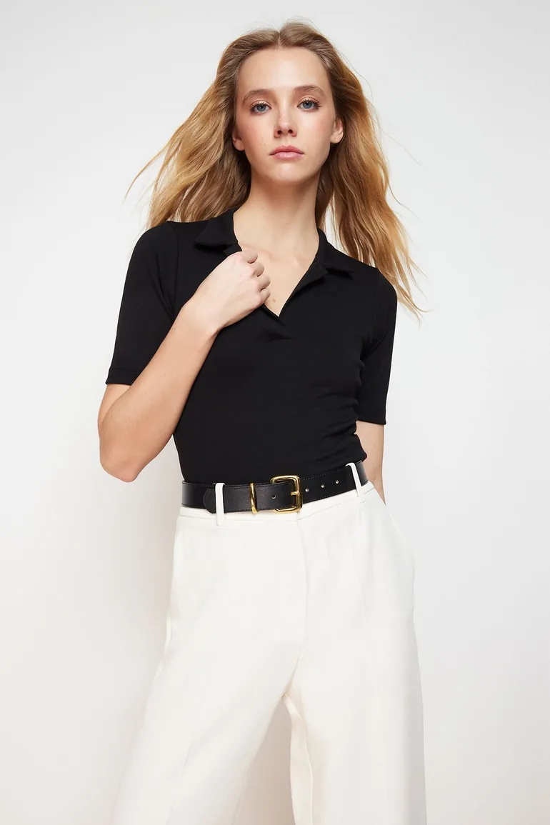Black Polo Neck Fitted Stretchy Knitted Blouse - 1