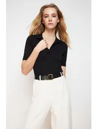 Black Polo Neck Fitted Stretchy Knitted Blouse - 1