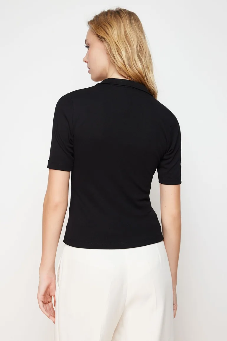 Black Polo Neck Fitted Stretchy Knitted Blouse - 5