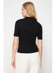 Black Polo Neck Fitted Stretchy Knitted Blouse - 5