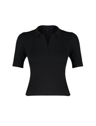 Black Polo Neck Fitted Stretchy Knitted Blouse - 6