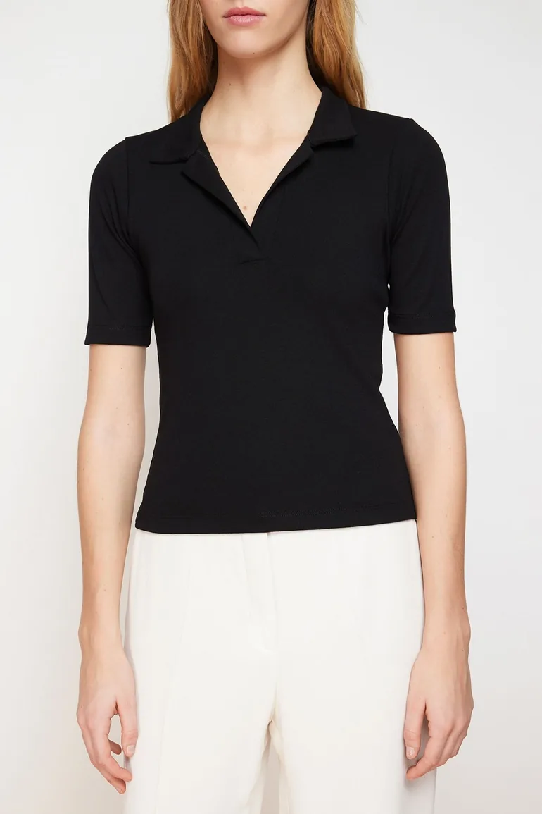 Black Polo Neck Fitted Stretchy Knitted Blouse - 3