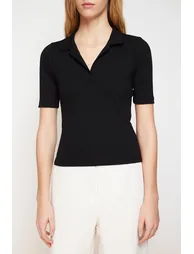 Black Polo Neck Fitted Stretchy Knitted Blouse - 3