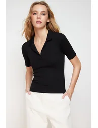 Black Polo Neck Fitted Stretchy Knitted Blouse