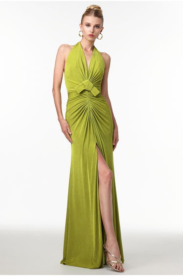 Jalila Sexy Contour V Neck Ruched Knot Slit Knit Maxi Dress