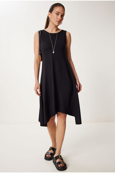 Women's Black Asymmetrical Cut Summer Knitted Dress