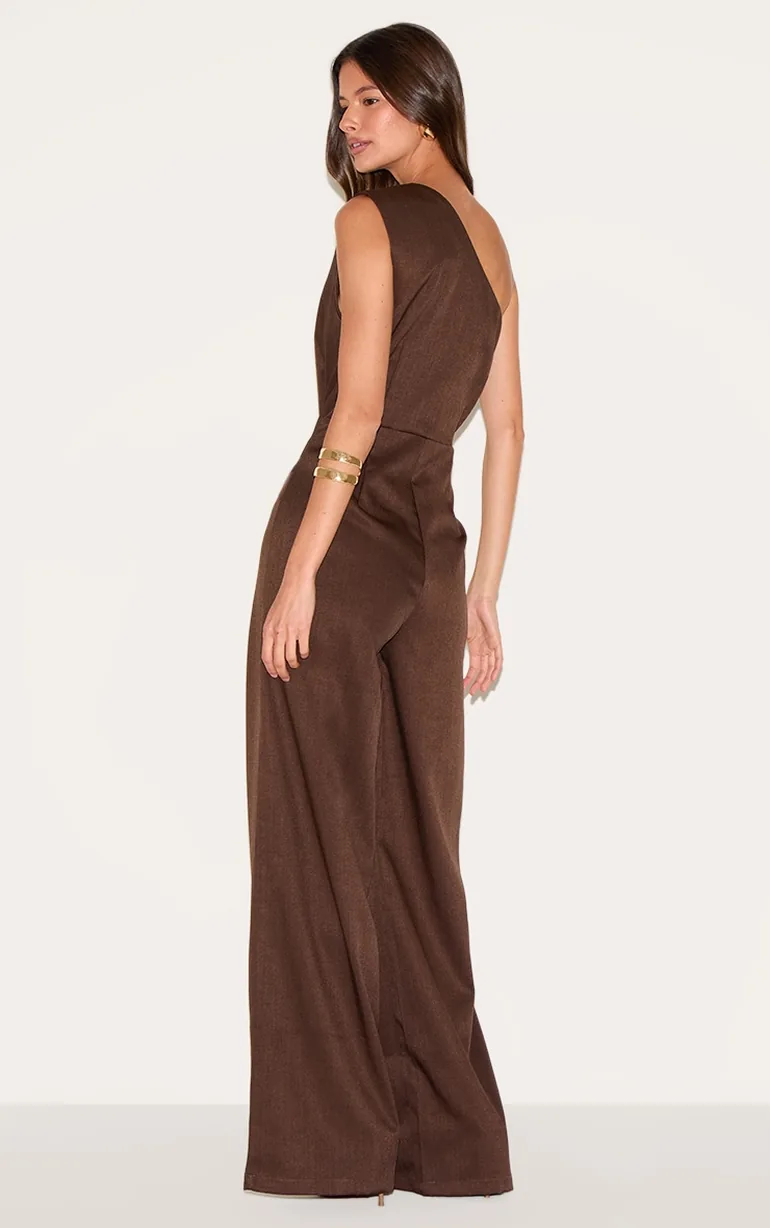 Chocolate Woven One Shoulder Wide Leg Jumpsuit - 1