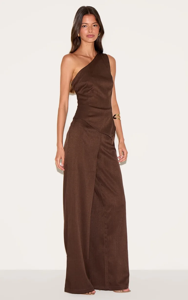 Chocolate Woven One Shoulder Wide Leg Jumpsuit - 2