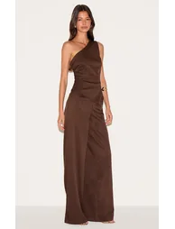 Chocolate Woven One Shoulder Wide Leg Jumpsuit - 2