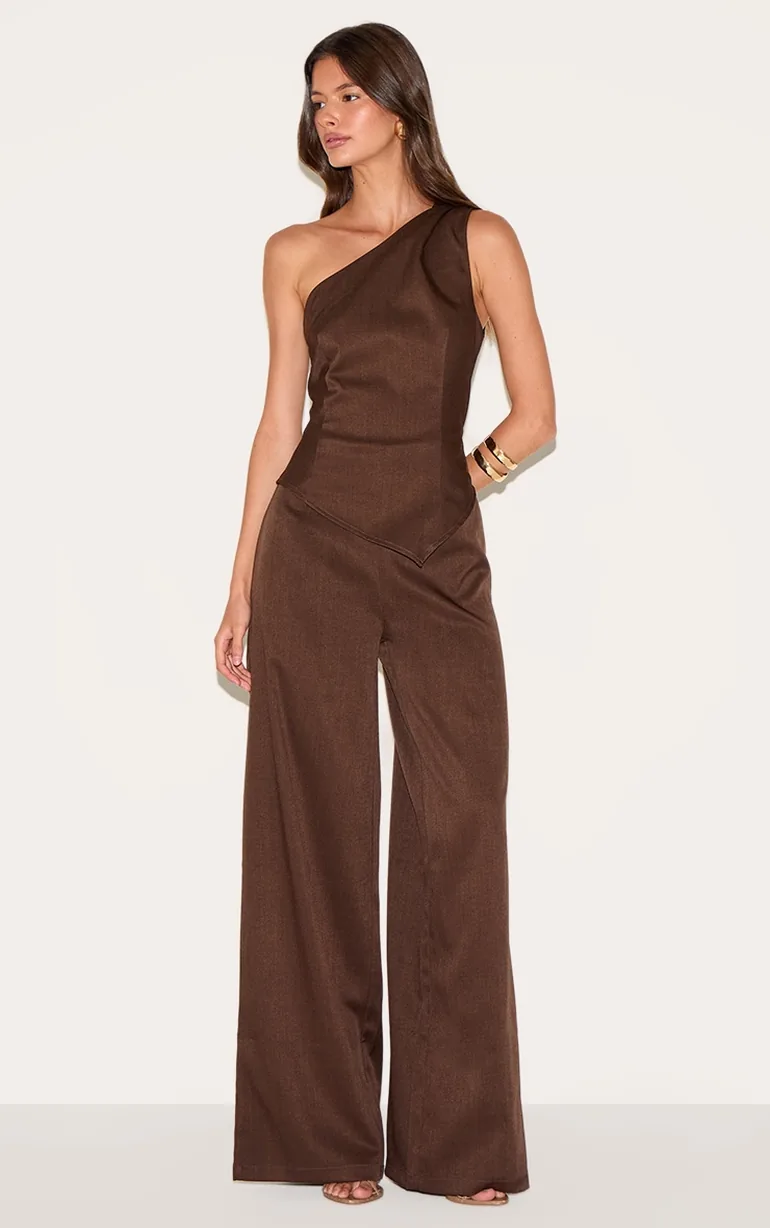 Chocolate Woven One Shoulder Wide Leg Jumpsuit
