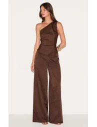 Chocolate Woven One Shoulder Wide Leg Jumpsuit