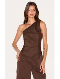 Chocolate Woven One Shoulder Wide Leg Jumpsuit - 3