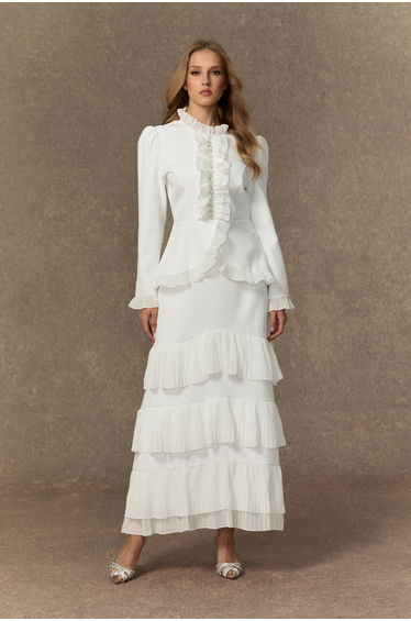 Exquisite Refinement White Rhinestone Embellished Top & Tiered Ruffle Skirt Set