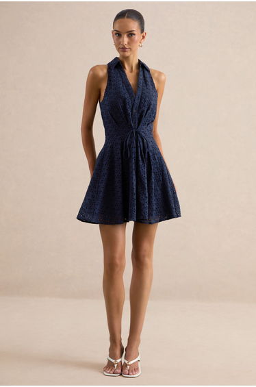 Zyraline | Navy Plunge-Neck Mini Dress With Bow-Detail