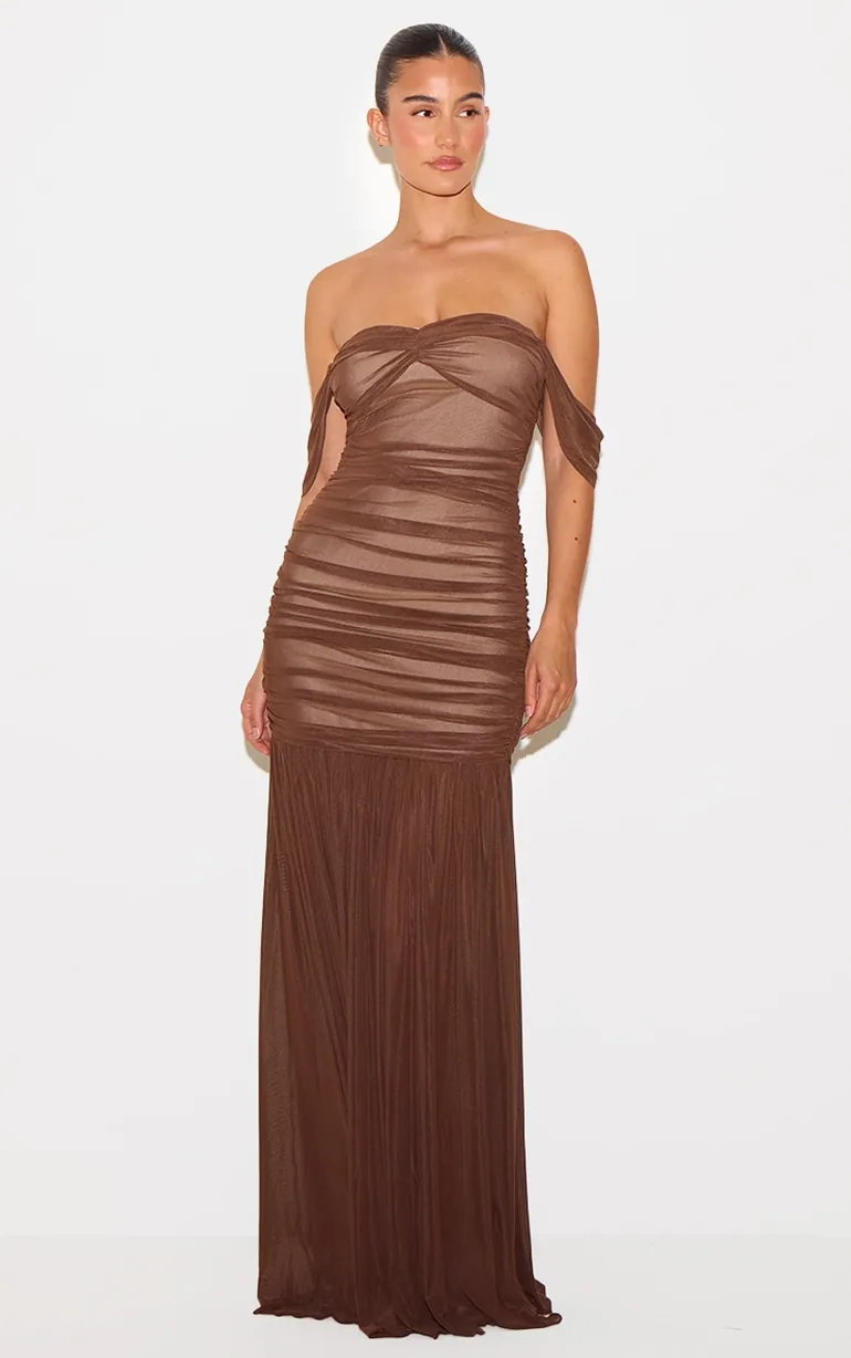 knee length dresses for ladies Chocolate Mesh Long Sleeve Long Dress L / Brown