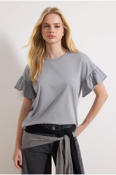Gray 100% Cotton Ruffle Detailed Basic Crew Neck Knitted T-Shirt