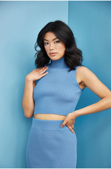 Glamorous Care Denim Blue High Neck Ribbed Top
