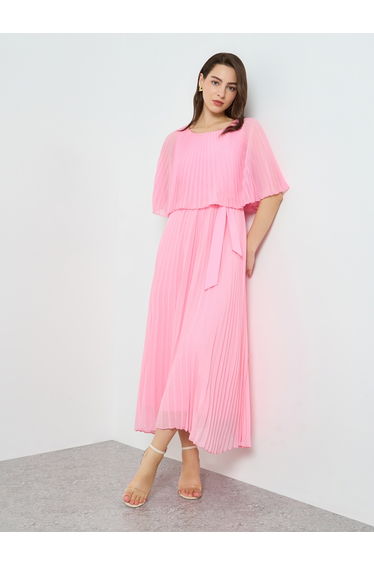 Women Pink Cape Sleeve Pleated Detail Maxi Dress