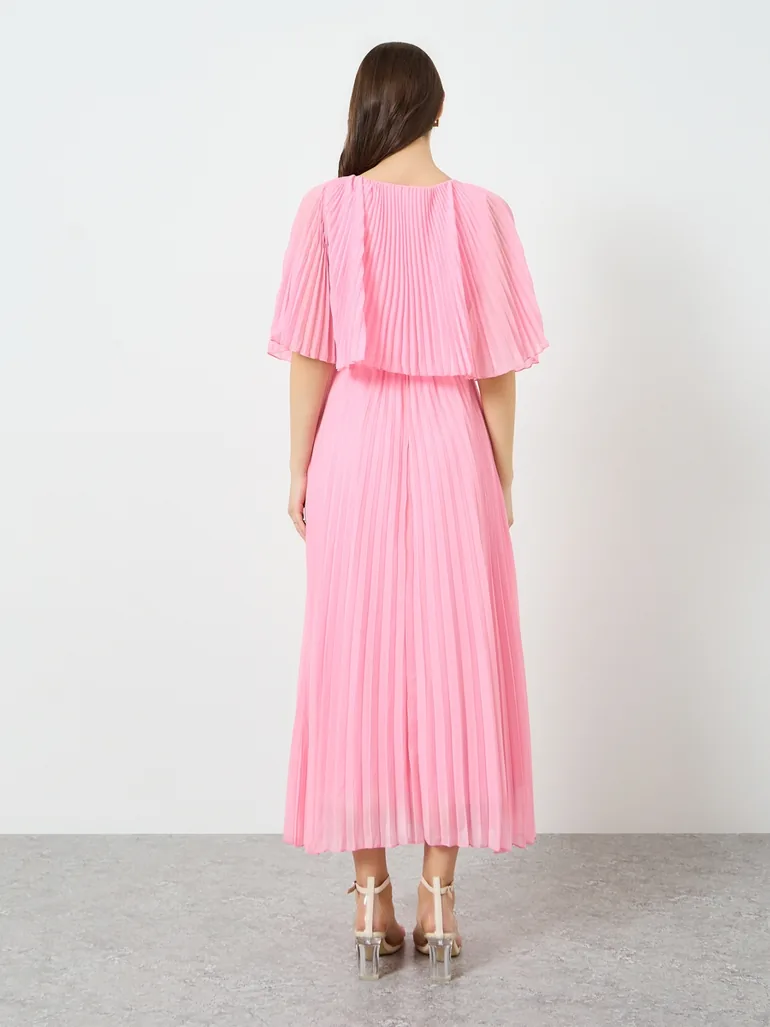 Women Pink Cape Sleeve Pleated Detail Maxi Dress - 3