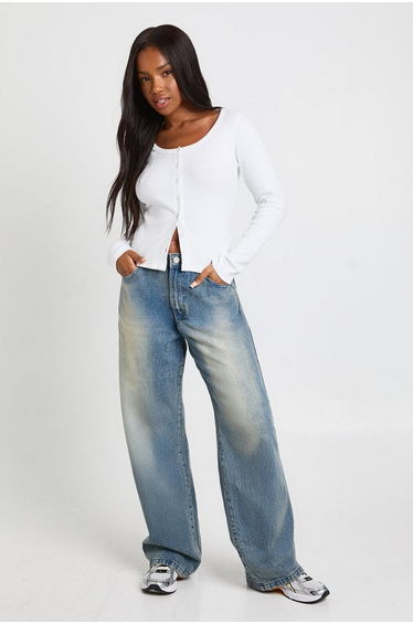 Ribbed Button Through Scoop Neck Long Sleeve Top - white