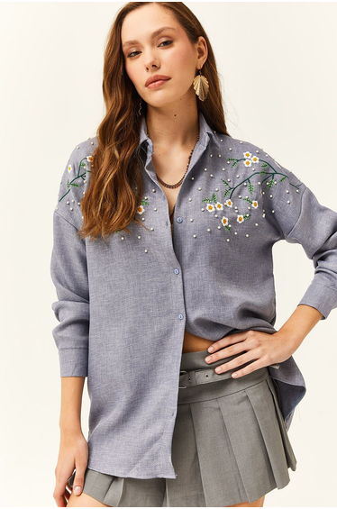 Women's Indigo Embroidered Pearl Wool Effect Oversize Winter Shirt