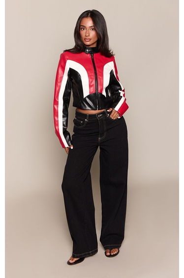 Petite Black Contrast Stripe Faux Leather Racer Jacket