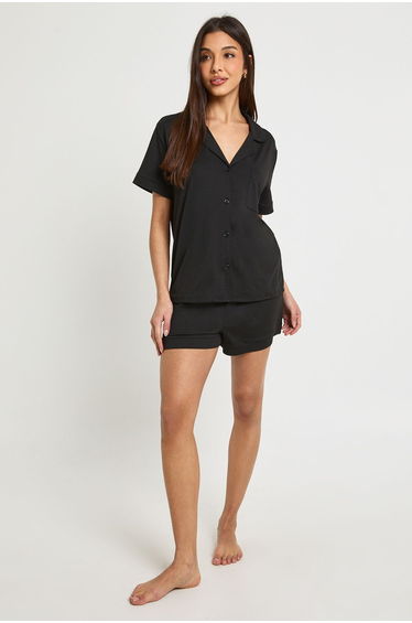 Soft Touch Short Sleeve Shirt & Shorts Pyjama Set - black