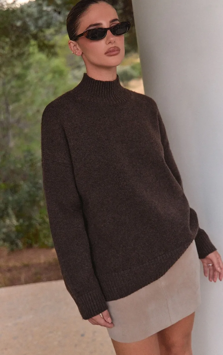 Chocolate Oversized Polo Neck Knitted Jumper - 3