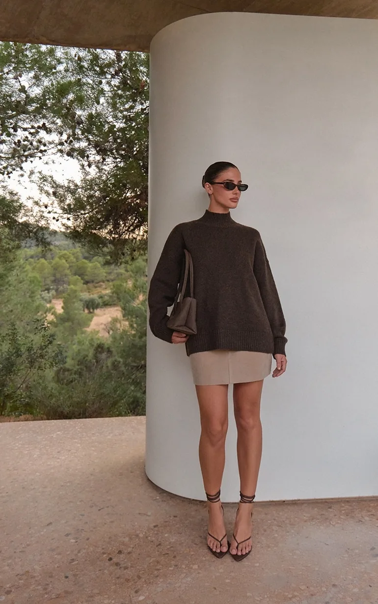 Chocolate Oversized Polo Neck Knitted Jumper
