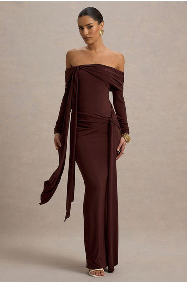 Jovie | Brown Bardot Wrap Maxi Dress With Sash Detail