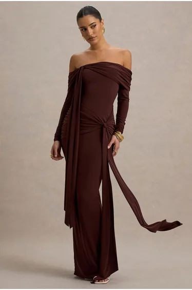 Jovie | Brown Bardot Wrap Maxi Dress With Sash Detail
