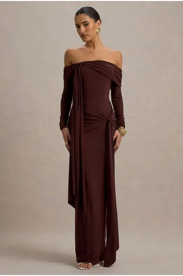 Jovie | Brown Bardot Wrap Maxi Dress With Sash Detail
