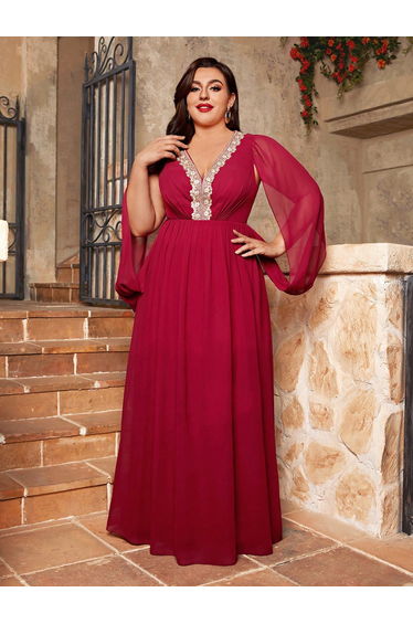 Leely Plus Women's Elegant V Neck Split Sleeve Chiffon Party Dress