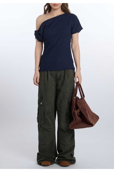 Twisted Side One-Shoulder Waffle Top in Navy for Casual Hangouts & Girls’ Nights