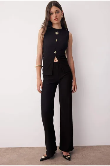 Black Ottoman Button Accessory Zero Sleeve Top Regular Trousers Knitted Bottom - Top Set